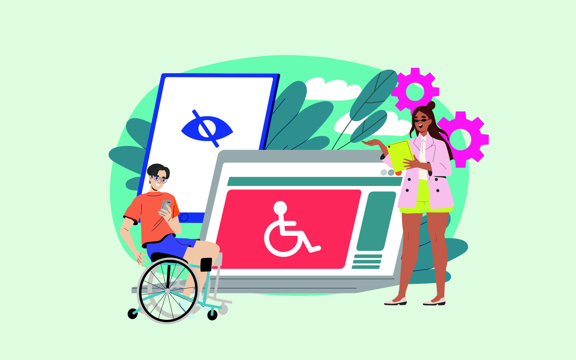 Illustration zum Thema digitale Barrierefreiheit: Ein junger Mann im Rollstuhl hält ein Smartphone, neben ihm steht eine Frau mit Tablet. Im Hintergrund sind Symbole wie ein durchgestrichenes Auge (für Sehbehinderung) und ein großes Fenster mit Rollstuhls